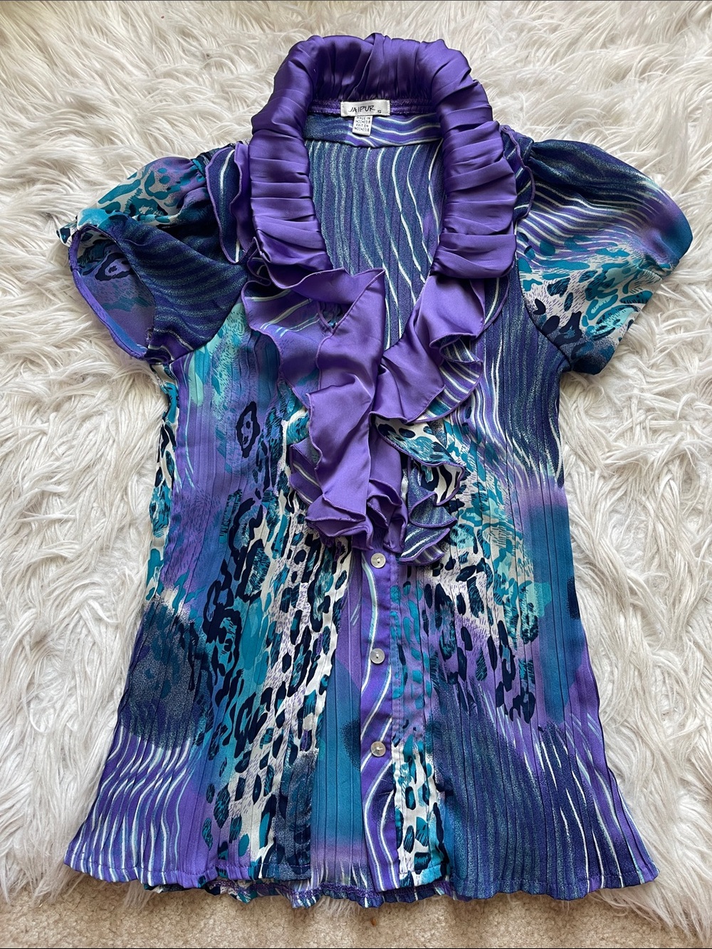 Ruffled Purple & Teal Animal-Print top.